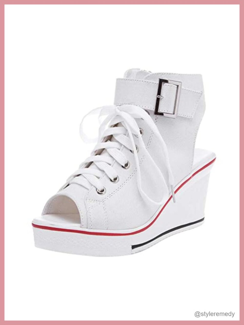 Peep Toe Wedge Sneakers Canvas Platform Side Zipper Lace Up Buckle Casual